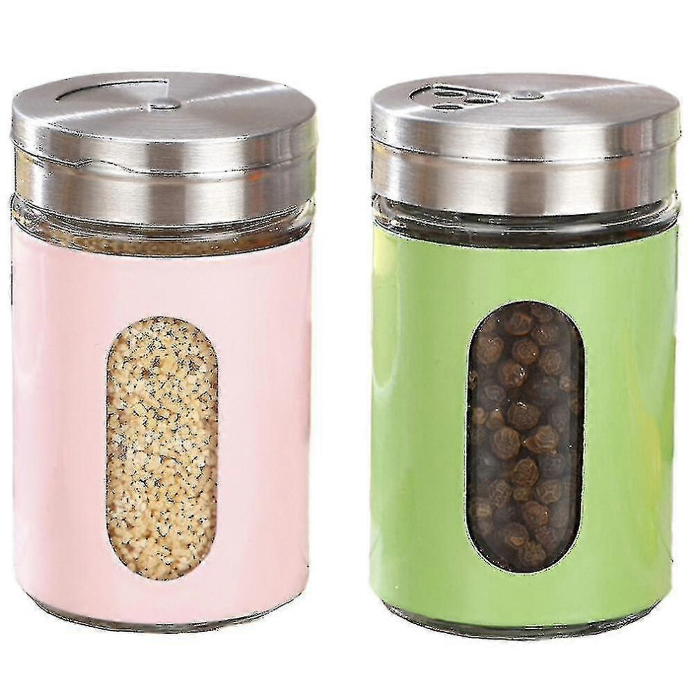 (1Pc * 1Pc Pink) Stainless Steel And Glass Salt And Pepper Shaker Set With Adjustable Pouring Holes Green/Pink