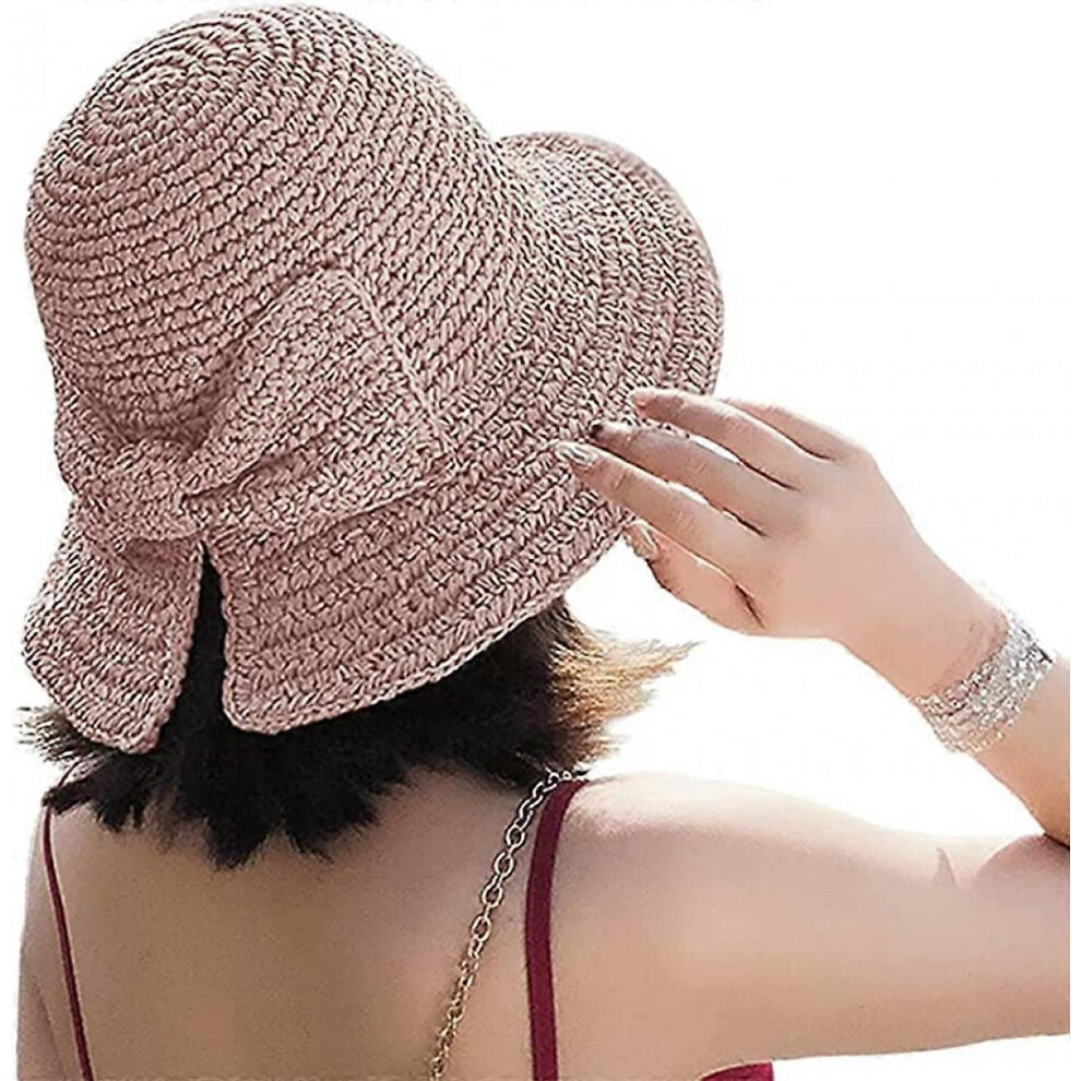 Kikidex (As Show, One Size) Foldable Wide Brim Floppy Straw Beach Sun Hat,Summer Cap With Bowknot For Women Girls,Strap Adjustable(Pink)
