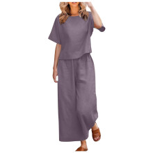 Women's Two-Piece Set Top and Trousers, Casual Loose-Fit Loungewear, Crew Neck Short Sleeves, Solid Color Sweatsuit 2024