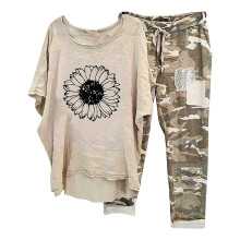 Women's Two-Piece Short Sleeve T-Shirt and Long Trousers Set, Breathable Muslin, Loose-Fit Lounge Sweatsuit, Crew Neck