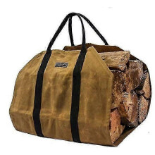 Heavy duty firewood carrier for logs with sturdy handles and waxed canvas