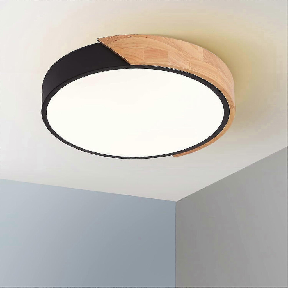 24W LED recessed ceiling light, black, warm light, 30cm, 2400lm, 3000K, modern design, ultra-thin, round, wooden
