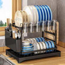 (Black) Dish Drainer Rack, Detachable 2 Tier Dish Draining Rack and Drain board Set, Large Capacity Dish Drainer Organizer Shelf with Utensil
