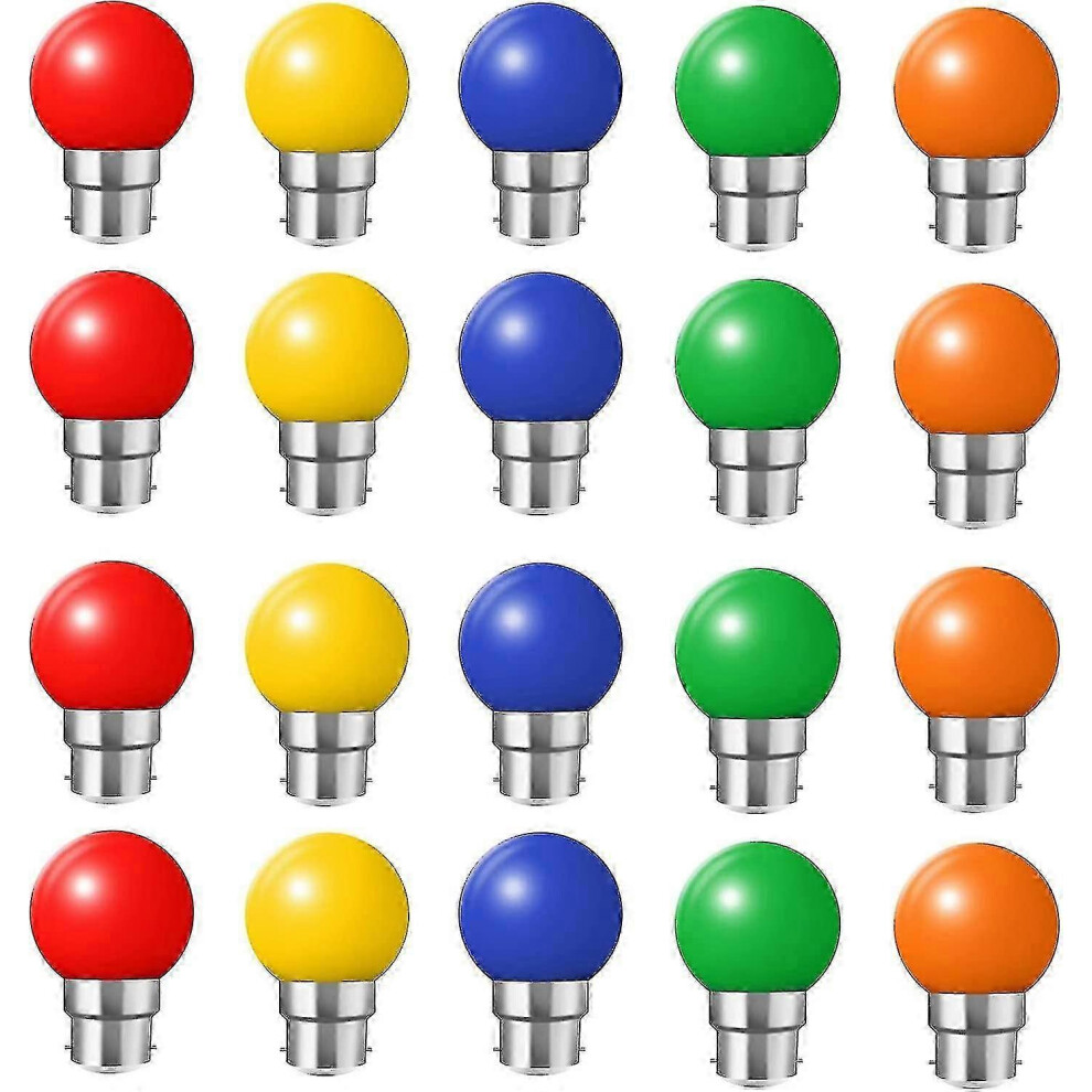 20 Pack B22 1W G45 Bayonet Cap Led Colorful Bulbs, Golf Ball Shaped Led Colorful Bulbs, Night (Orange, Red, Green, Blue, Yellow) Light