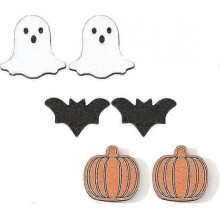 Pack of 3 Pairs Halloween Earrings for Women Girls Pumpkin Ghost Bat Stud Earrings Halloween Eve Party Lightweight Wood Earrings Set Jewelry Gifts