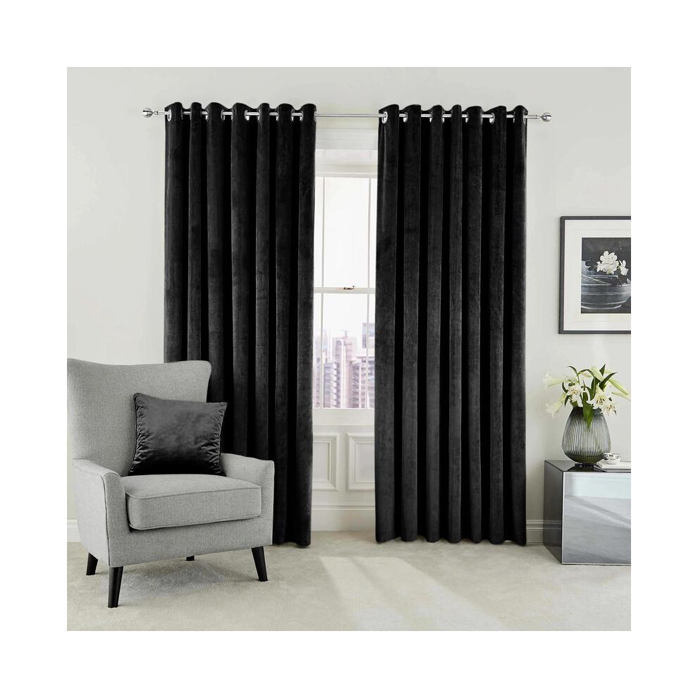 (Black, 66" x 72") Yorkshire Bedding Lining Velvet Eyelet Curtains Soft Crushed Velvet Curtains With 2 Matching Tie Backs  - Sophisticated Grandeur in-image-OPC-PKN5BTJ-NEW