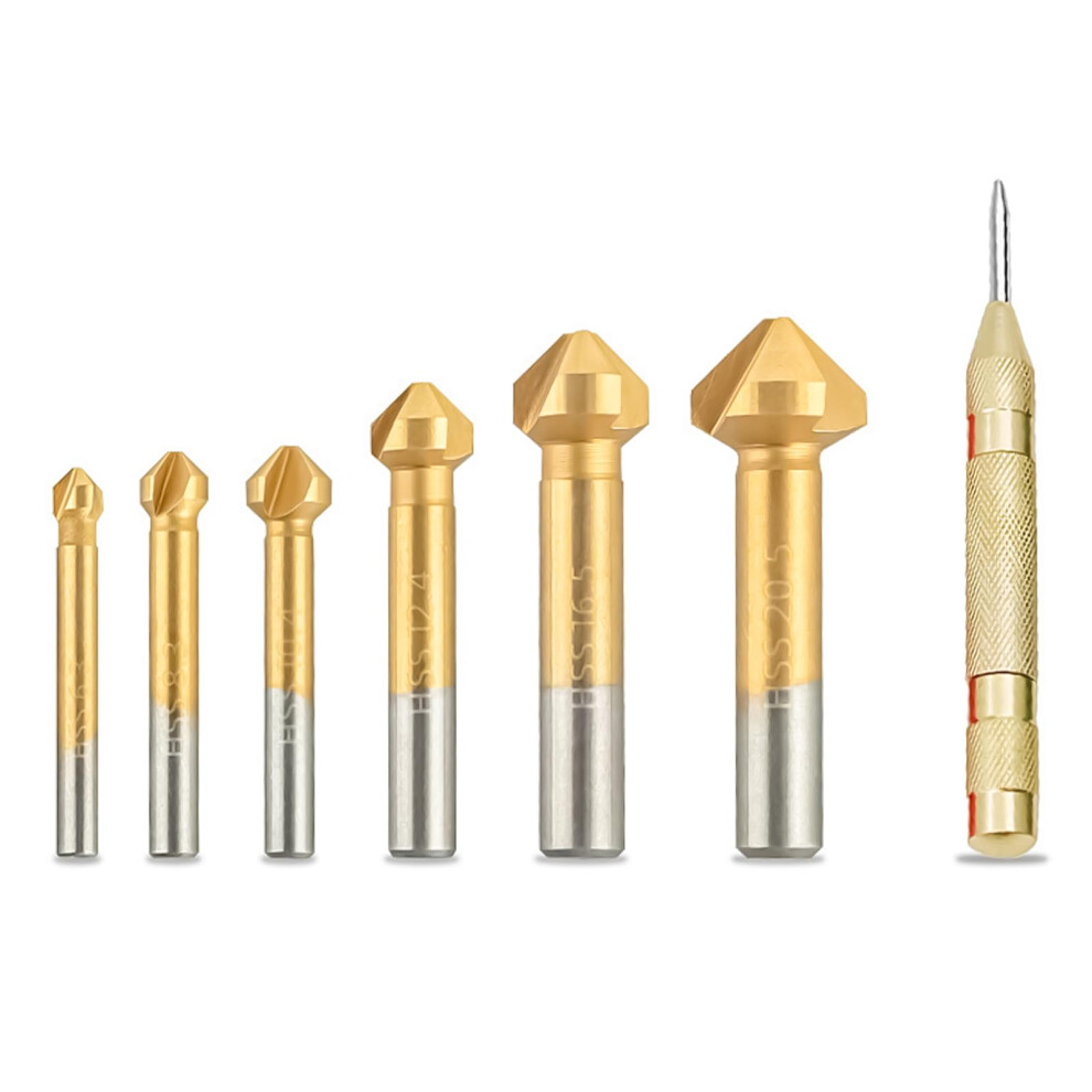 Countersink Drill Bits Set 6/7 Pcs 3-Flute 90 Degree Countersink Center Punch Chamfer Deburring Cutter 9354506843809