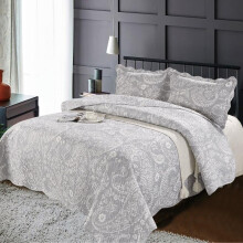 (Silver Floral, Double / King (220x240cm)) Double & King Size 3-Piece Printed Floral Patchwork Bedspread Set – Quilted Comforter with Pillow Shams | Ultra-Soft Polycotton Bedding