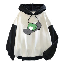 Teenager Girls Vintage Autumn Winter Pullover Casual Sweatshirt Hooded Frog Kawaii Design Black XL Warm Outerwear Hoodie