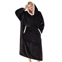 Oversized Hoodie Blanket With Fluffy Fleece And Sherpa, Hooded Blanket With Deep Pockets, One Size Fits All, Black