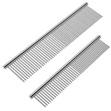 2 Pack Dog Combs with Rounded Ends Stainless Steel Teeth, Cat Comb for Removing Tangles and Knots, 6.3IN/7.4IN