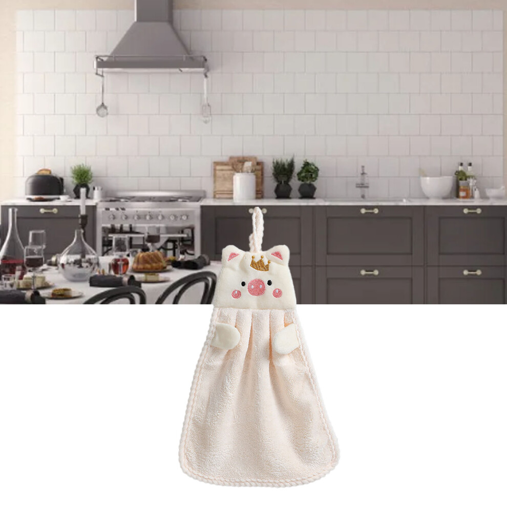 Cute Pig Pattern Kid Hand Towel Coral Velvet Hanging Absorbent Beige