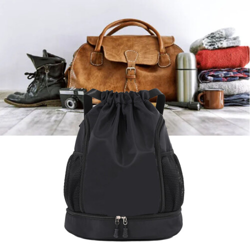 Waterproof Oxford Drawstring Gym Backpack with Pockets, Black 2