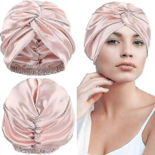 Double-layer mulberry silk nightcap women's night silk nightcap hair care long hair elastic cap (flesh pink)