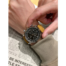 (Silver shell, black face) New leather strap men's multi-functional quartz wristwatch