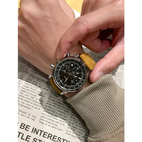 (Silver shell, black face) New leather strap men's multi-functional quartz wristwatch
