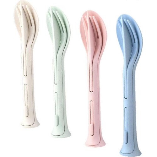 Wheat Straw Cutlery, 4 Sets Portable Cutlery Set, Spoon Fork Chopsticks Tableware Set Travel Flatware Set
