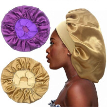 2PCS Large Satin Bonnet,Silk Bonnet Hair Wrap for Sleeping, Sleep Cap with Elastic Soft Band (Purple,Gold)