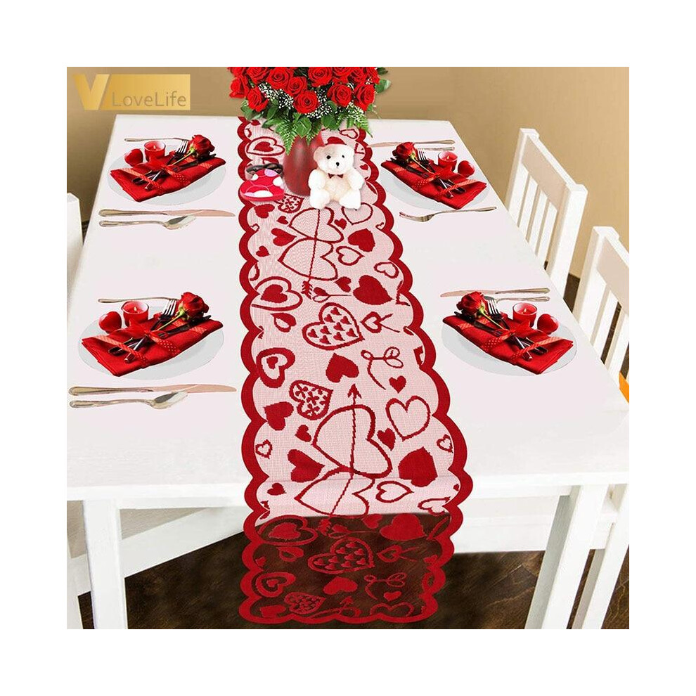 Red Love Heart Print Table Runner Romantic Lace Cloth 33X183cm / 13X72inch Table Runners-image-OPC-PDJ26CY-NEW