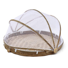 Bamboos Fruit Basket With Mesh Cover Fly Net Food Tent For Outdoor Picnic Hand-Woven Seagrass Basket 35cm