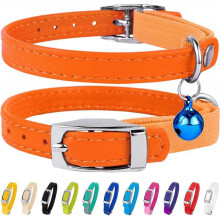 Leather Cat Collar, Cat Safety Collar with Elastic Strap, Kitten Collar for Cat with Bell Black Blue Red Orange