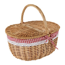 Wicker Picnic Basket Rattan Storage Basket With Lid And Handle Outdoor Hiking Medium Red White M