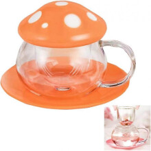 Cute Tea Cup Mushroom Mug Glass Tea Cups with Tea Infuser Strainer Filter Clear Teapot with Ceramic 290ML(orange)