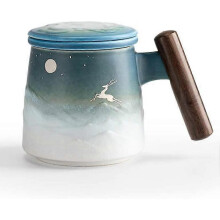 Moon Deer Ceramic Tea Mug with Infuser and Lid Coffee Mug with Strainer and Wooden Handle 14.5 OZ (Black&Blue)