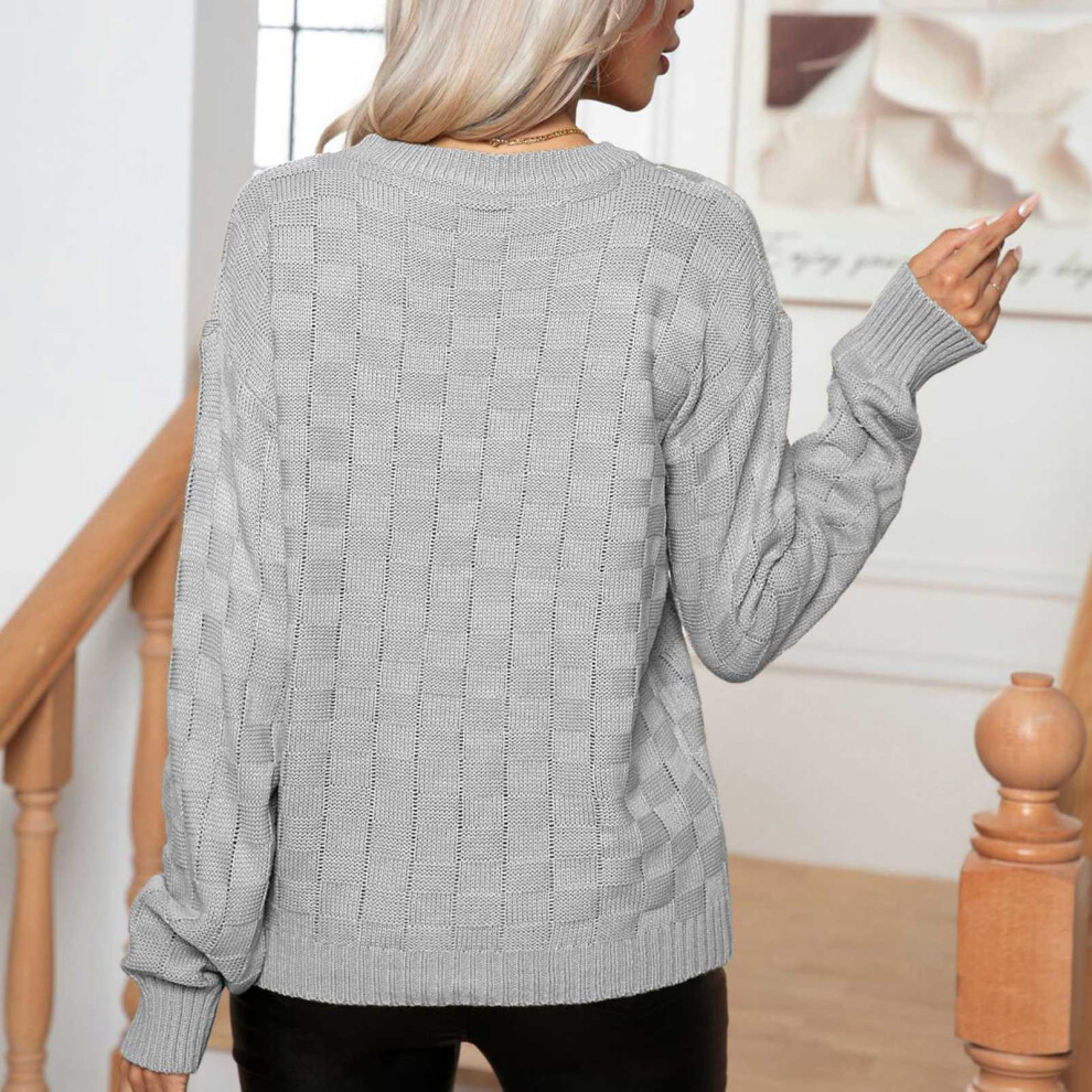 Women's Grey 3D Plaid Knitted Sweater, M, Long Sleeve, Casual-image-OPC-PKNP6ZG-NEW