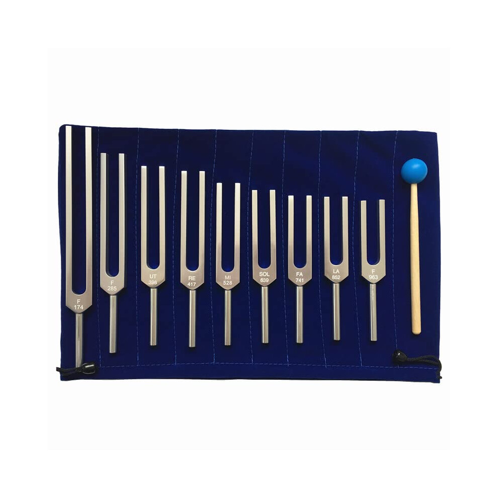Solfeggio Tuning Forks Kit 9-Piece Healing Forks With Silicone Hammer Bag, 174-963 Hz