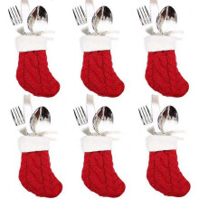 6Pcs Christmas Tableware Silverware Holders Set, Red Knitted Christmas Stockings Knife and Fork Bags Covers (Red)