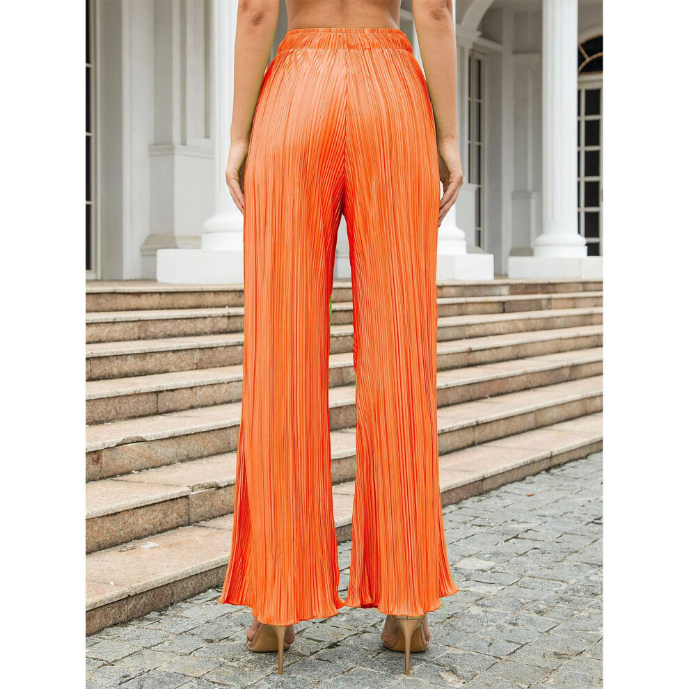 Women Wide Leg Pleated Casual Pants Elastic Waist Drawstring Orange S-image-OPC-PKNR5J8-NEW