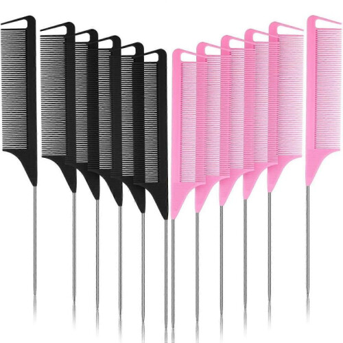 12-Pack Braid Parting, Rat Tail Tail Tail Teaser Comb with Stainless Steel Tail (Pink+Black)