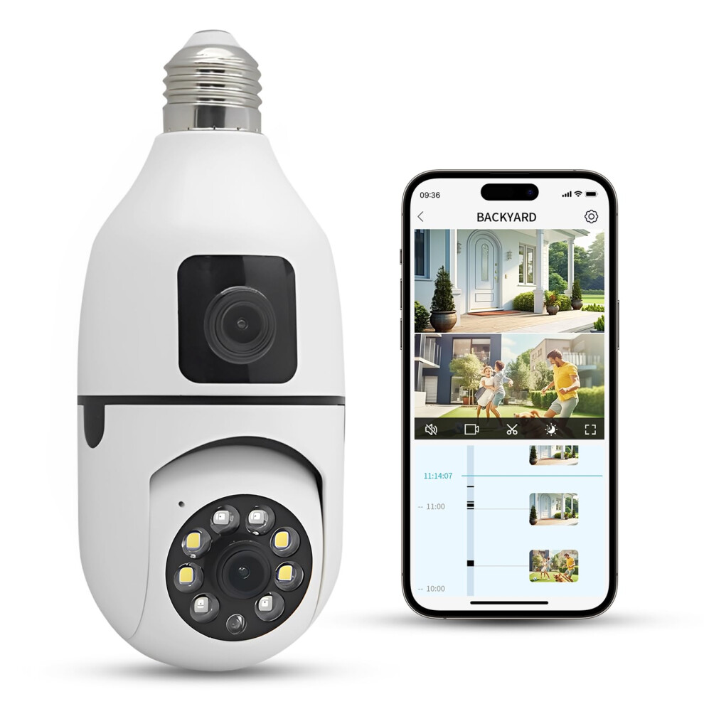 Bulb Security Camera Dual Lens Outdoor Light Bulb, 2.4Ghz Wi-Fi, Color Night Vision, Motion Detection, Two-Way Talk 9016109007445