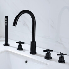5 Hole Bath Tap Set Bath Tub Mixer Tap With Shower Cross Handle 360 Rotating Black
