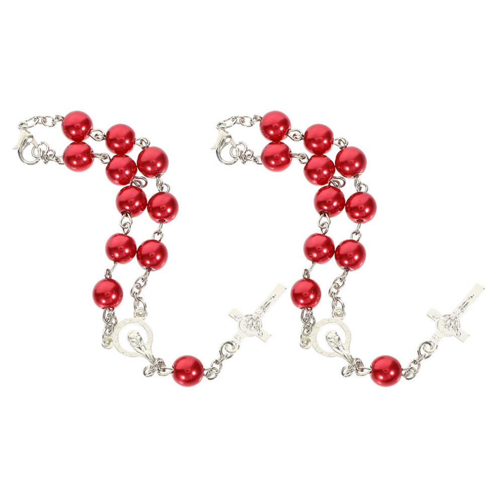 Car Rosary Cross Pendant 2Pcs Catholic Beads Metal Rearview Mirror Red 3252440080518