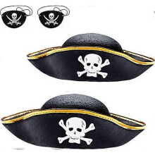 2-Pack Kids Felt Pirate Hats - Skull Print Pirate Costume - Halloween Accessory with Blindfolds