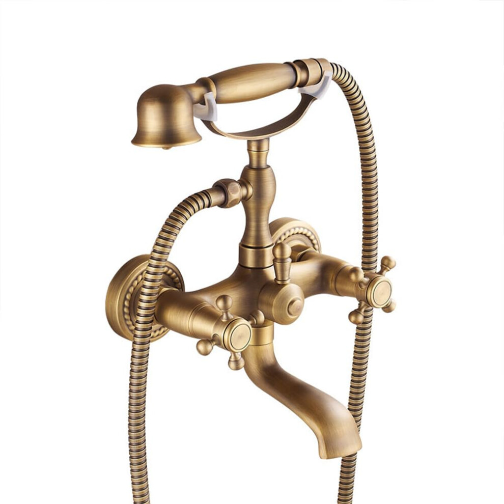 Bath Shower Mixer Tap Wall Mounted Antique Brass Dual-Handle Bathtub Faucet With Handshower And 1.5M Shower Hose 9016109008978