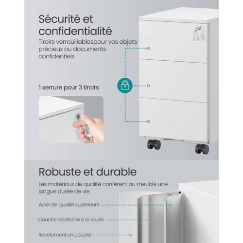 Caixa de escritório - HELLOSHOP26 - 3 gavetas - Com fecho - Móvel - Branco mate 1