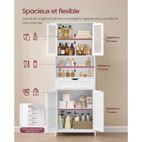 Meuble de salle de bain - HELLOSHOP26 - 30 x 60 x 170 cm - Blanc - MDF - Éclairage intégré 1