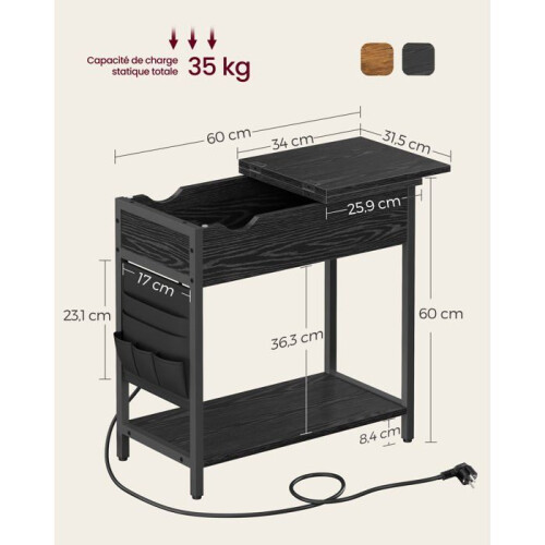 Mesa de apoio - HELLOSHOP26 - Mesa de cabeceira com tomadas - Preto - Compacta - Multifuncional 1