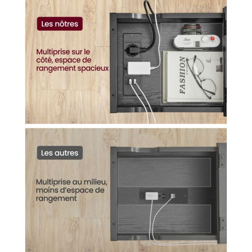 Mesa de apoio - HELLOSHOP26 - Mesa de cabeceira com tomadas - Preto - Compacta - Multifuncional 2