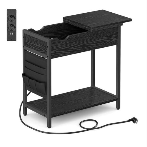 Mesa de apoio - HELLOSHOP26 - Mesa de cabeceira com tomadas - Preto - Compacta - Multifuncional