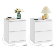 Mesa de cabeceira - HELLOSHOP26 - 2 gavetas - Multitomada integrada - 2 portas USB-A - Branco