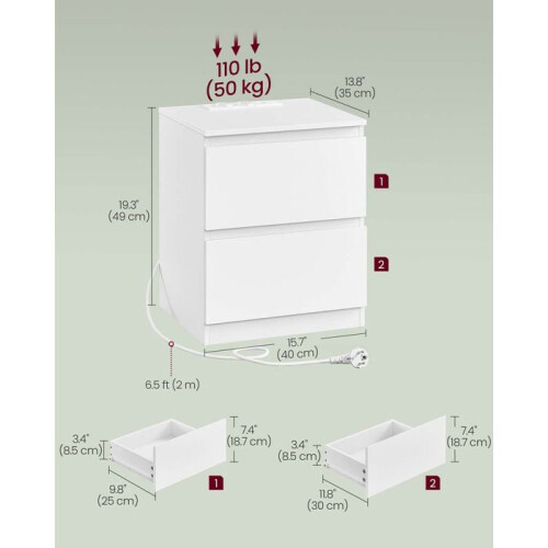Nachttisch - HELLOSHOP26 - 2 Schubladen - Eingebaute Steckdose - 2 USB-A-Anschlüsse - Weiß 2