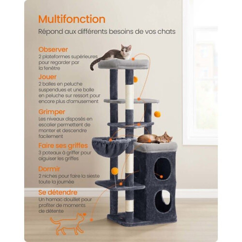 Kratzbaum - HELLOSHOP26 - 152 cm - 2 Nischen - 3 Plüschbälle - Spanplatten 2