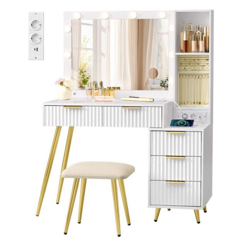 Coiffeuse - HELLOSHOP26 - Néo-luxe - Miroir avec 10 ampoules - 5 tiroirs - Multiprise intégrée