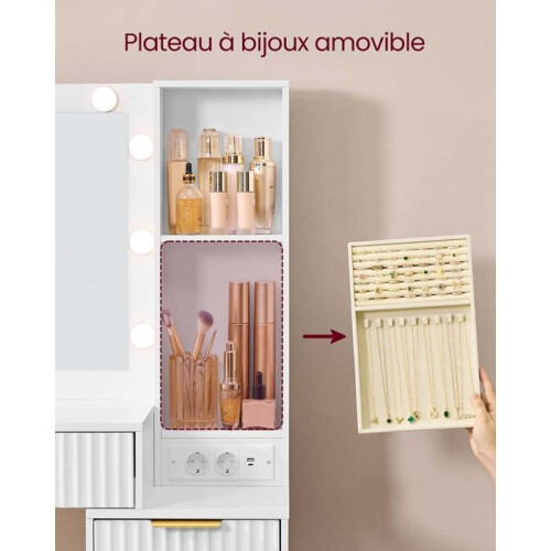 Coiffeuse - HELLOSHOP26 - Néo-luxe - Miroir avec 10 ampoules - 5 tiroirs - Multiprise intégrée 1