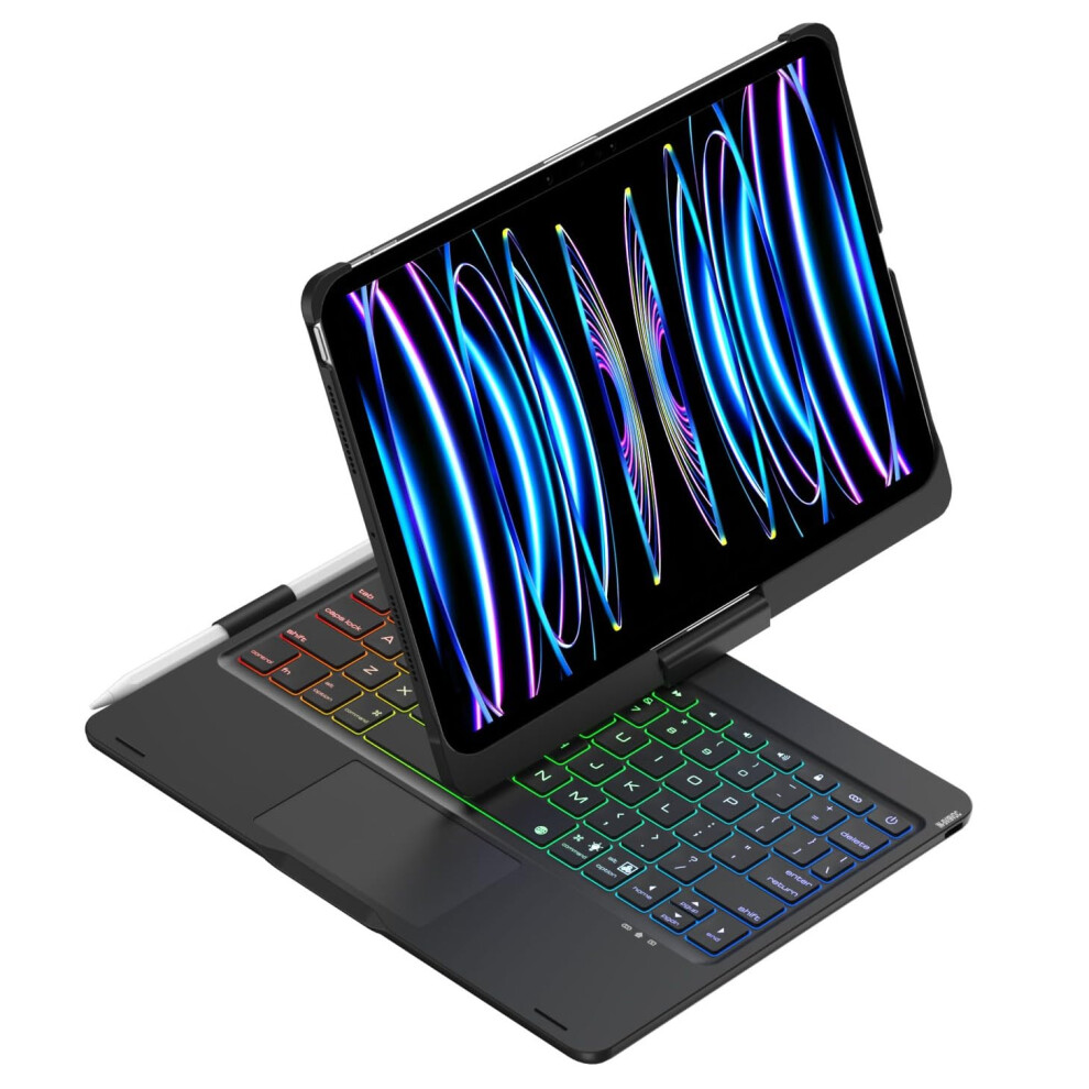 Rotating Case For Ipad Pro 11 Inch(M4) With Keyboard, Trackpad, Rainbow Backlits Keyboard, Black 9084446039085