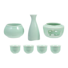 1Set Durable Green Ceramic Sake Serving Cups with Warmer for Home Bars